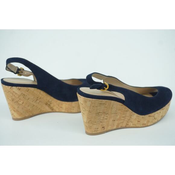 Stuart Weitzman Jean Blue Suede Slingback Cork Wedge Heel Sandal SZ 11 New - Picture 9 of 9